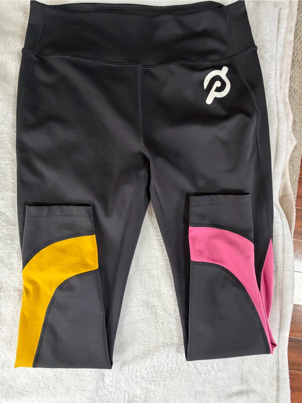 Peloton Black Leggings with Yellow & Pink Colorblock Panels - women’s medium